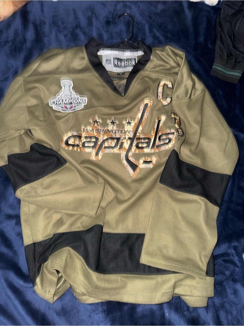 Reebok Men's Olive Green and Black V-Neck Capitals Jersey Sweater
